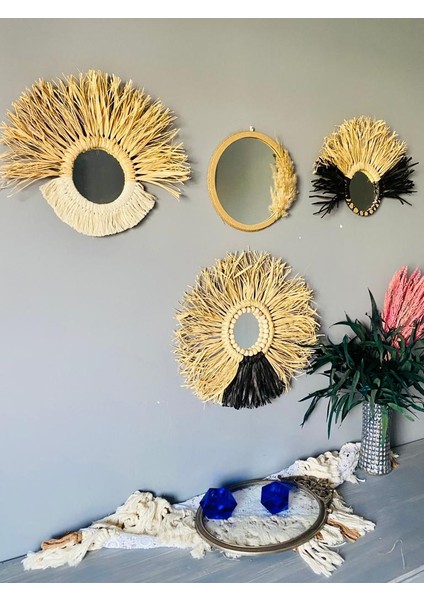 Wall Decoration Art Bohem Makrome ve Rafya Ayna Duvar Dekorasyon Ürünü 4’lü Set
