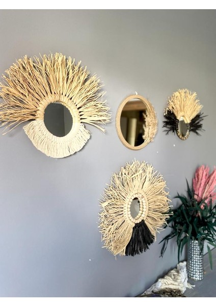 Wall Decoration Art Bohem Makrome ve Rafya Ayna Duvar Dekorasyon Ürünü 4’lü Set