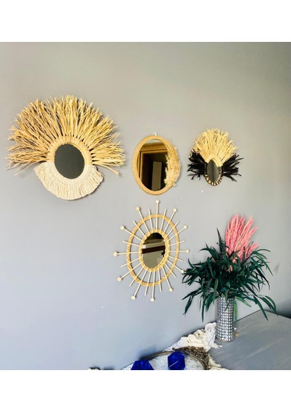 Wall Decoration Art Bohem Makrome ve Rafya Duvar Dekorasyon Ürünü 4’lü Set