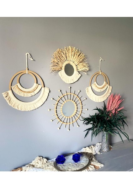 Wall Decoration Art Bohem Makrome ve Bambu Ayna Duvar Dekorasyon Ürünü 4’lü Set