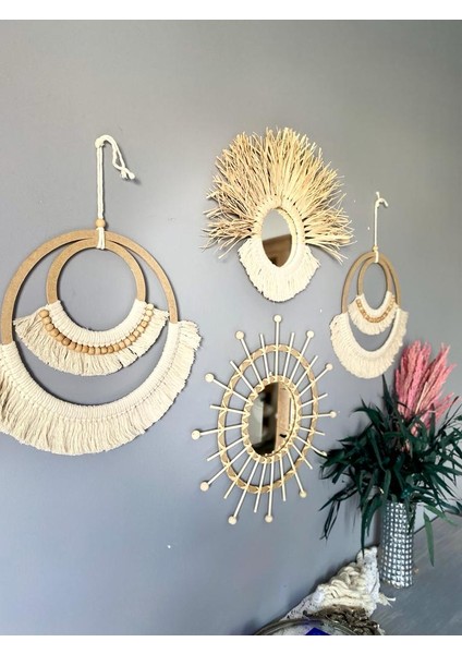 Wall Decoration Art Bohem Makrome ve Bambu Ayna Duvar Dekorasyon Ürünü 4’lü Set