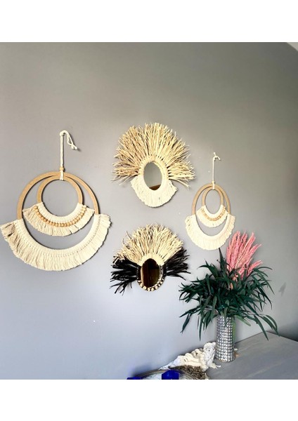 Wall Decoration Art Bohem Makrome ve Rafya Duvar Dekorasyon Ürünü 4’lü Set