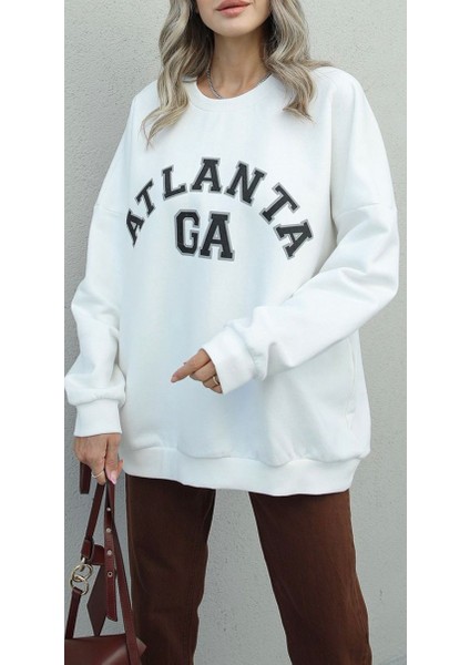 Kadın Baskılı Sweatshirt Ekru