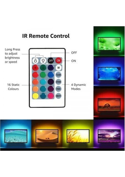 Elektronik Kumandalı Animasyonlu Şerit LED 16 Renkli Silikon Yapışkanlı Adaptörlü Iç Dış Mekan Aydınlatma - 5 Metre