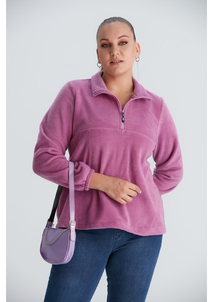 Kolları Lastikli Büyük Beden Lila Polar Sweatshirt