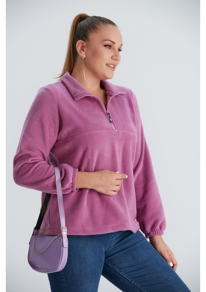 Kolları Lastikli Büyük Beden Lila Polar Sweatshirt