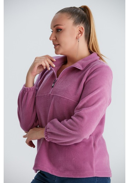 Kolları Lastikli Büyük Beden Lila Polar Sweatshirt
