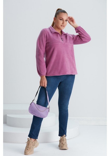 Kolları Lastikli Büyük Beden Lila Polar Sweatshirt