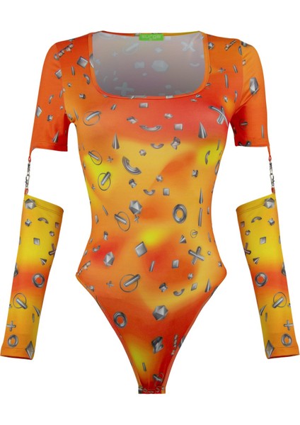 Bodysuit Turuncu Metal Baskılı 3 Parça Tasarım
