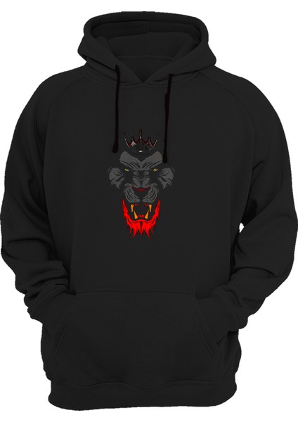 Ormanın Kralları Serisi Siyah Aslan Basklı Kalın Kapüşonlu Sweatshirt Hoodie