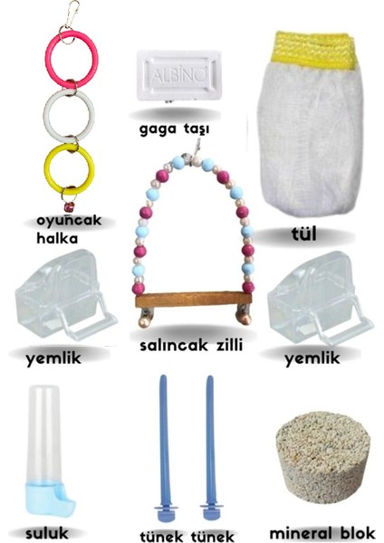 Mudanya Kuş Kafesi Paketi Başlangıç Seti Tül Yemlik Salıncak Oyuncak Tünek Gaga Taşı