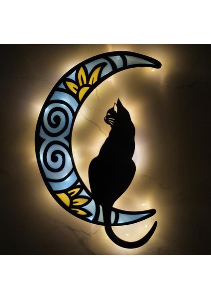 Epoksili Ahşap Aydaki Kedi Figürlü Duvar Dekorlu Gece Lambası