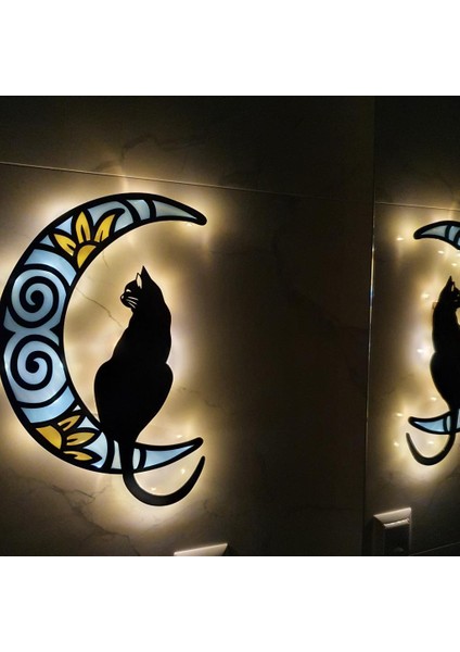 Epoksili Ahşap Aydaki Kedi Figürlü Duvar Dekorlu Gece Lambası