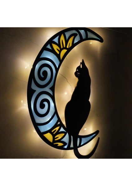 Epoksili Ahşap Aydaki Kedi Figürlü Duvar Dekorlu Gece Lambası