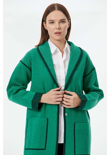 Şal Yaka Çıtçıtlı Uzun Triko Hırka - Yeşil - Haki