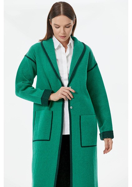 Şal Yaka Çıtçıtlı Uzun Triko Hırka - Yeşil - Haki fırsatları