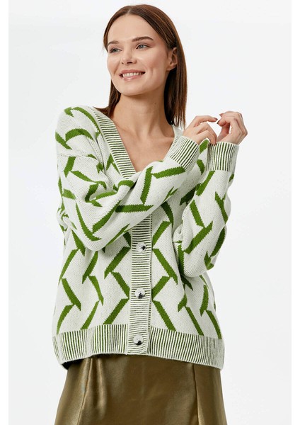 Geometrik Desenli Triko Hırka - Kemik - Yeşil