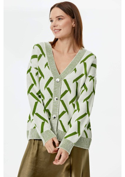 Geometrik Desenli Triko Hırka - Kemik - Yeşil fırsatları