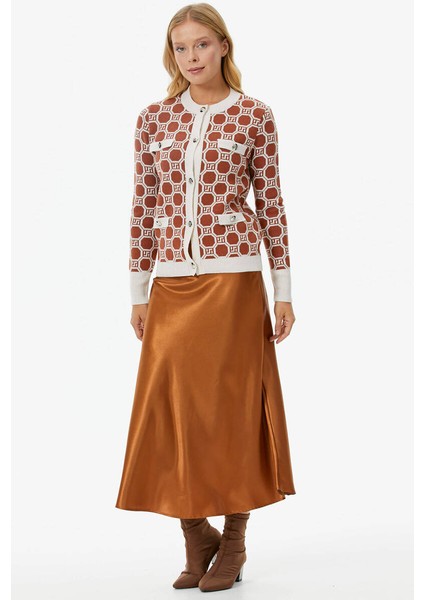 Sıfır Yaka Düğmeli Cep Detaylı Triko Hırka - Kemik - Taba