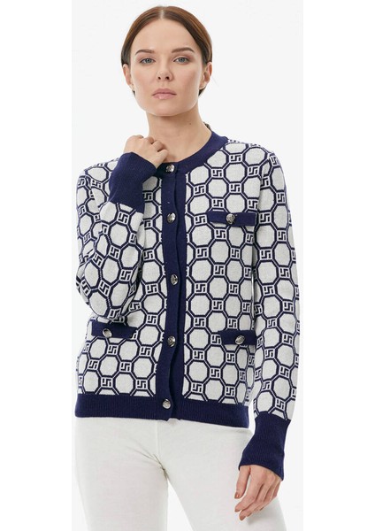 Sıfır Yaka Düğmeli Cep Detaylı Triko Hırka - Lacivert - Beyaz