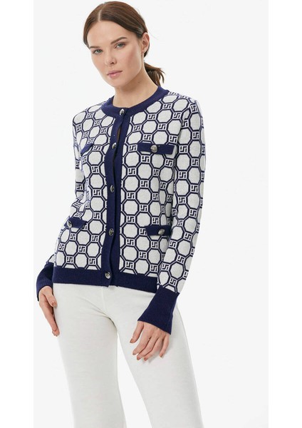 Sıfır Yaka Düğmeli Cep Detaylı Triko Hırka - Lacivert - Beyaz fiyatları