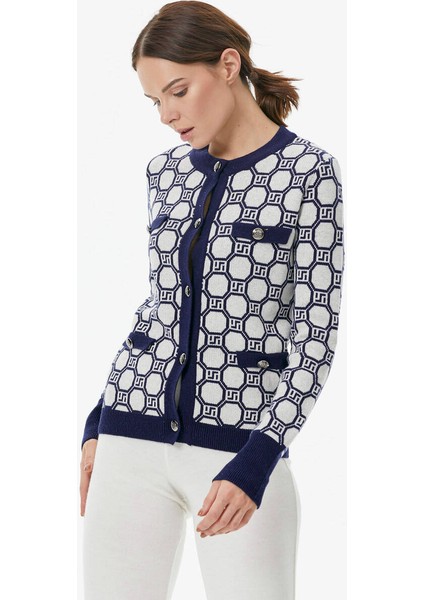 Sıfır Yaka Düğmeli Cep Detaylı Triko Hırka - Lacivert - Beyaz modelleri