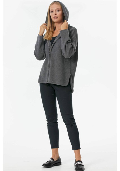 Çelik Örgü Fermuarlı Kapüşonlu Triko Ceket - Koyu Gri fiyatları
