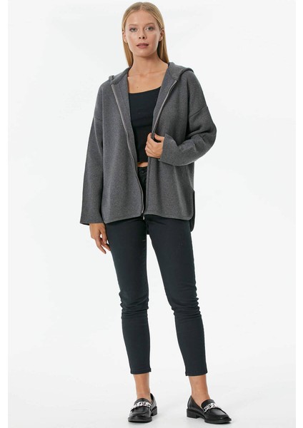 Çelik Örgü Fermuarlı Kapüşonlu Triko Ceket - Koyu Gri modelleri
