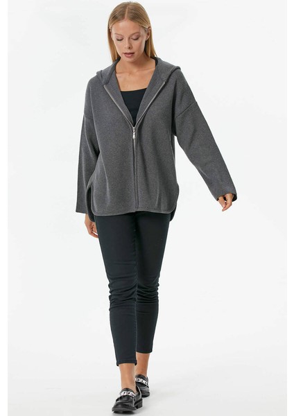 Çelik Örgü Fermuarlı Kapüşonlu Triko Ceket - Koyu Gri fırsatları