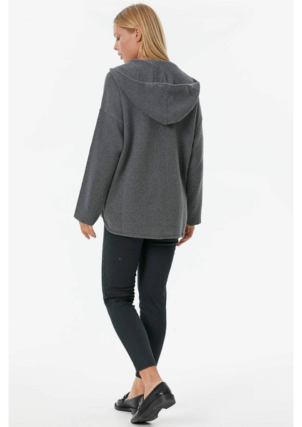 Çelik Örgü Fermuarlı Kapüşonlu Triko Ceket - Koyu Gri indirimleri