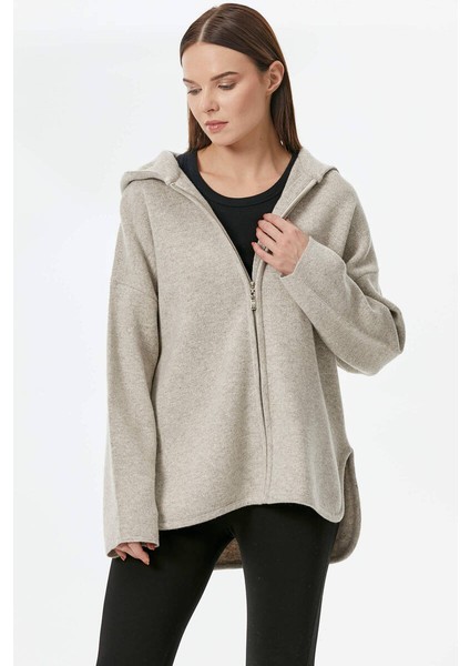 Çelik Örgü Fermuarlı Kapüşonlu Triko Ceket - Vizon