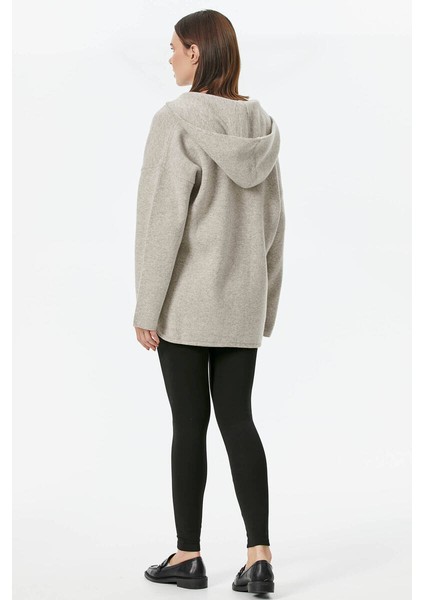 Çelik Örgü Fermuarlı Kapüşonlu Triko Ceket - Vizon indirimleri