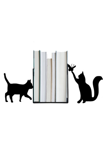 Metal Kitap Tutucu Yaramaz Kedi Figürlü Kitap Desteği, Dekoratif Kitaplık