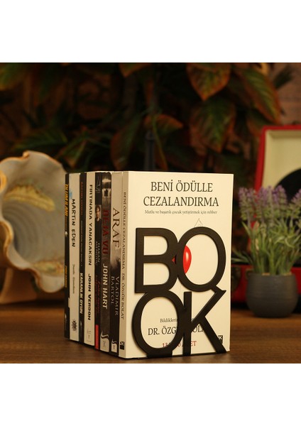 Book Yazı Desenli Model Kitap Desteği - Ev ve Ofis Dekoratif Estetik Kitap Tutucu (2'li Set) Siyah