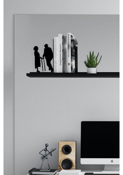 Metal Kitap Tutucu Yaşlı & Genç Çift Figürlü Kitap Desteği, Dekoratif Kitaplık