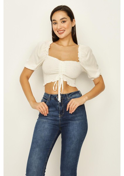 Kadın Gipeli Balon Kollu Crop Bluz