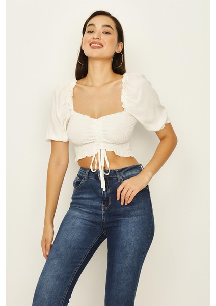 Kadın Gipeli Balon Kollu Crop Bluz