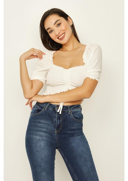 Kadın Gipeli Balon Kollu Crop Bluz