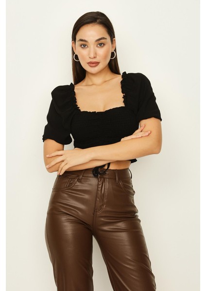 Kadın Gipeli Balon Kollu Crop Bluz