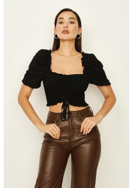 Kadın Gipeli Balon Kollu Crop Bluz