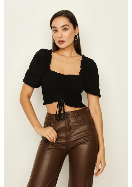 Kadın Gipeli Balon Kollu Crop Bluz