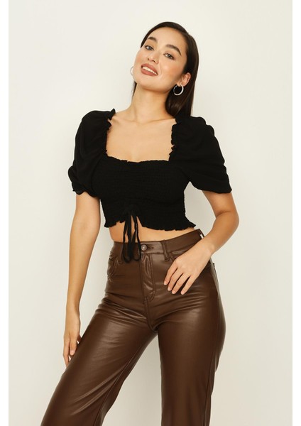 Kadın Gipeli Balon Kollu Crop Bluz