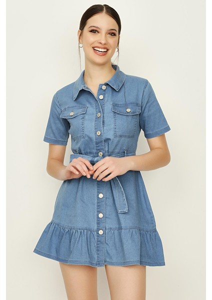 Kadın Önden Düğmeli Eteği Fırfırlı Denim Elbise