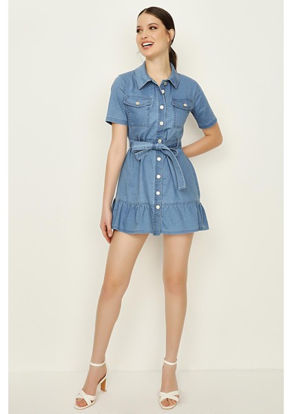 Kadın Önden Düğmeli Eteği Fırfırlı Denim Elbise