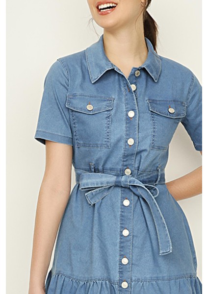 Kadın Önden Düğmeli Eteği Fırfırlı Denim Elbise