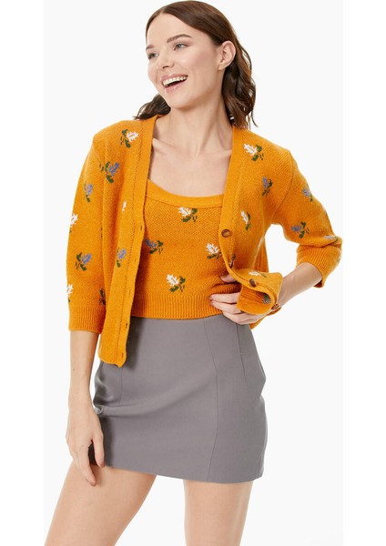 Çiçek Motifli Crop Triko Takım - Güneş