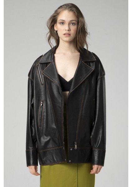 WM019 Oversize Biker Deri Kadın Mont fiyatları