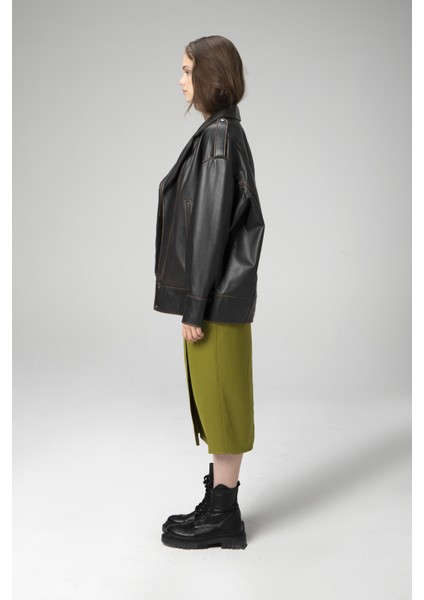 WM019 Oversize Biker Deri Kadın Mont