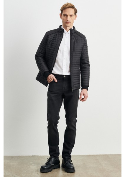 Erkek Siyah Standart Fit Normal Kesim Soğuk Hava Geçirmez Desenli Şişme Mont fiyatları