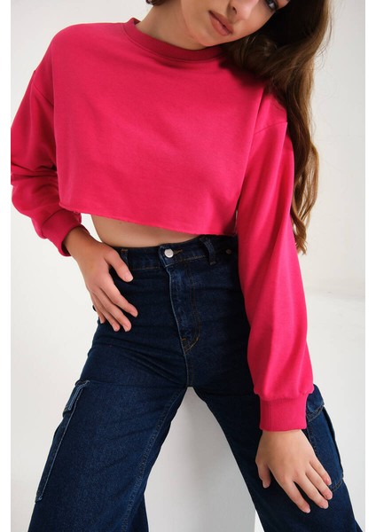 Fuşya Pamuklu 3 Iplik Örme Crop Sweatshirt (ZCK0557)